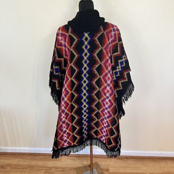 Mexican Textiles Knit Poncho Fringe Geometric Red Blue One Size Black Cowl Neck - Picture 2 of 8